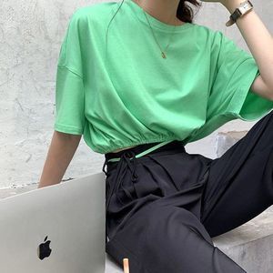 Green Cropped  Drawstring Short-Sleeve Top